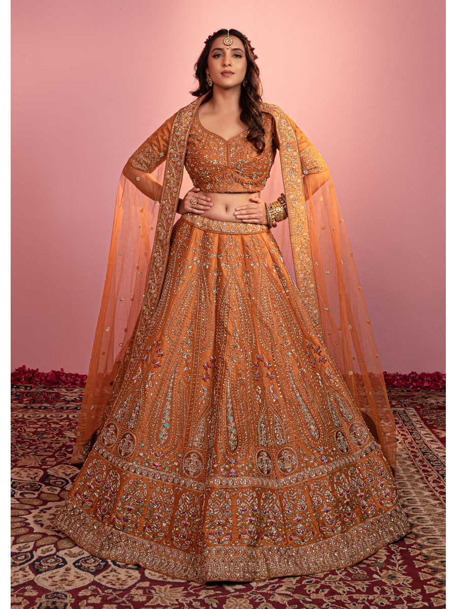 Buy Orange Net Embroidery Sequin Neon Abstract Pattern Bridal Lehenga Set  For Women by Seema Gujral Online at Aza Fashions.