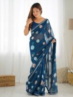 Teal Blue Color Faux Georgette Saree
