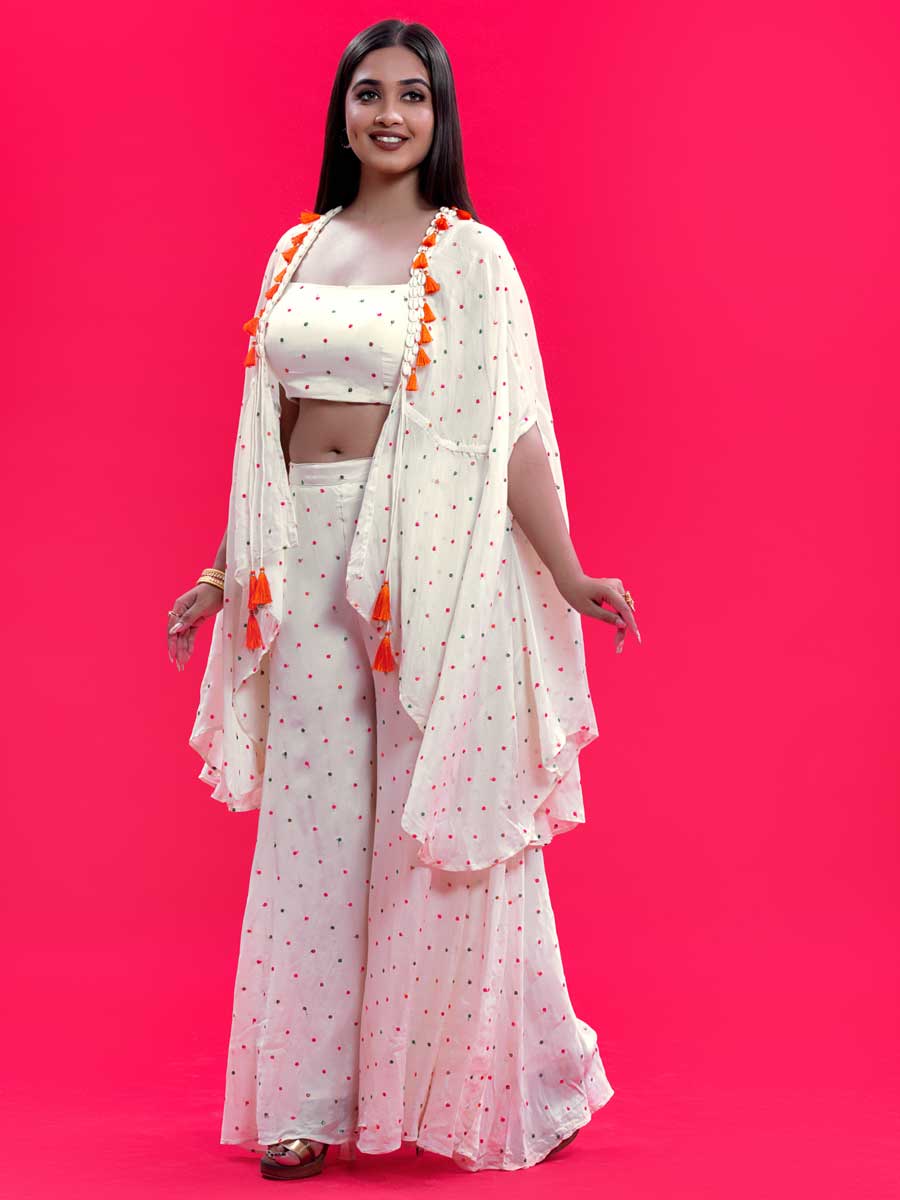 Elevate Your Style with Indo-Western Off-White Sharara Palazzo and Shrug Ensemble