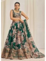 Dark Green Color Organza Lehenga Choli