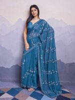 Cyan Blue Color Simmer Chiffon Saree