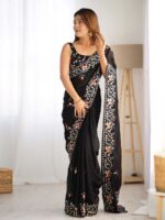 Black Color Satin Chiffon Saree
