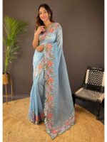 Sky Blue Color Glossy Silk Saree