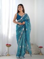 Teal Blue Color Gold Twill Net Saree