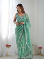 Sea Green Color Gold Twill Net Saree