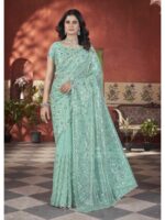 Sea Green Color Tissue Net Saree