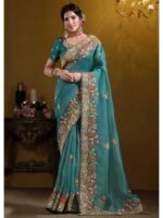 Teal Blue Color  Twill Tissue Saree