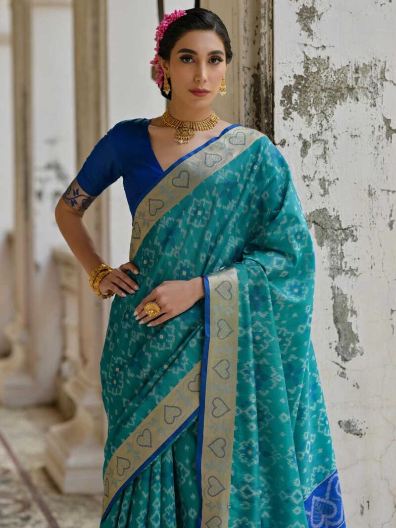 Teal Color Blue Saree - Image 3