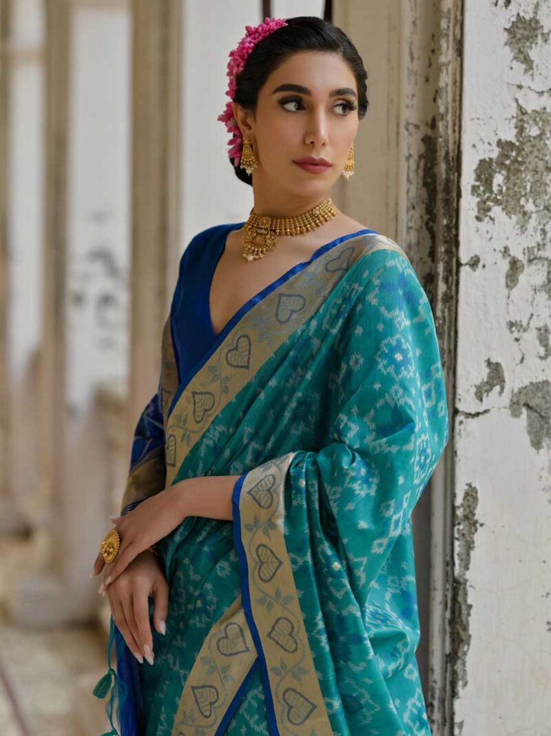 Teal Color Blue Saree - Image 4