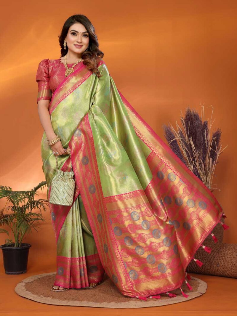 Green Color Pink Saree - Image 4