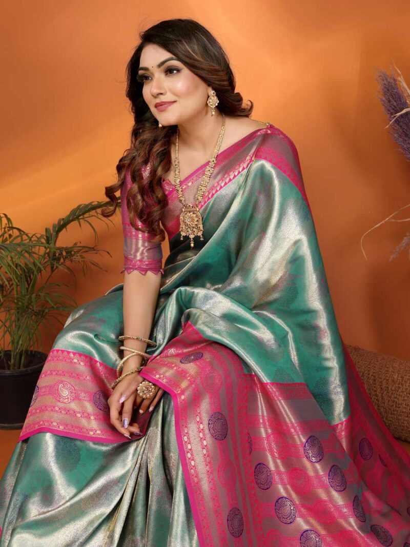 Sea Green Color Pink Saree - Image 3