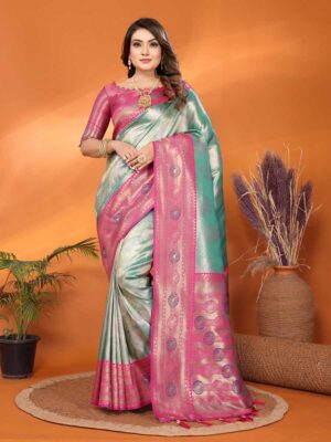 Sea Green Color Pink Saree