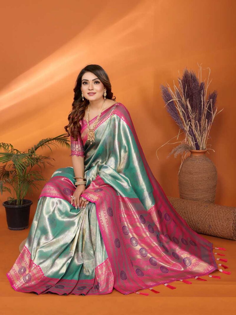 Sea Green Color Pink Saree - Image 4