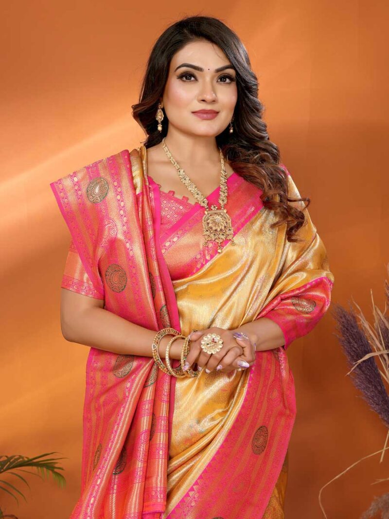 Mustard Color Peach Saree - Image 3