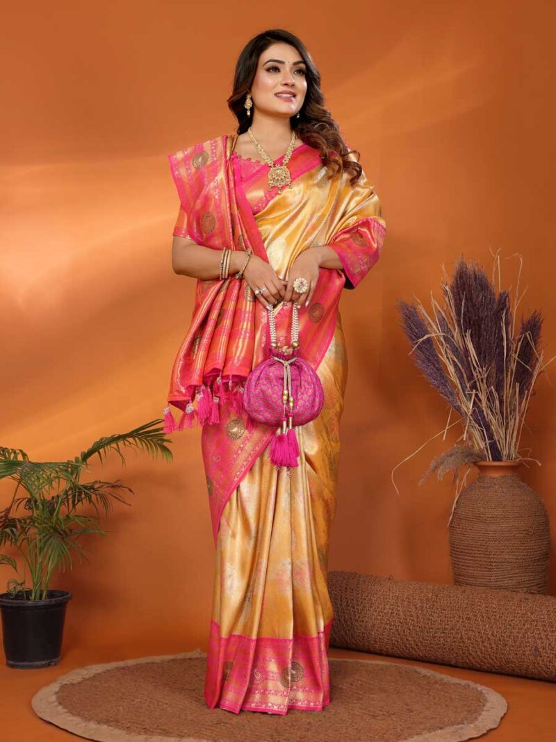 Mustard Color Peach Saree - Image 4