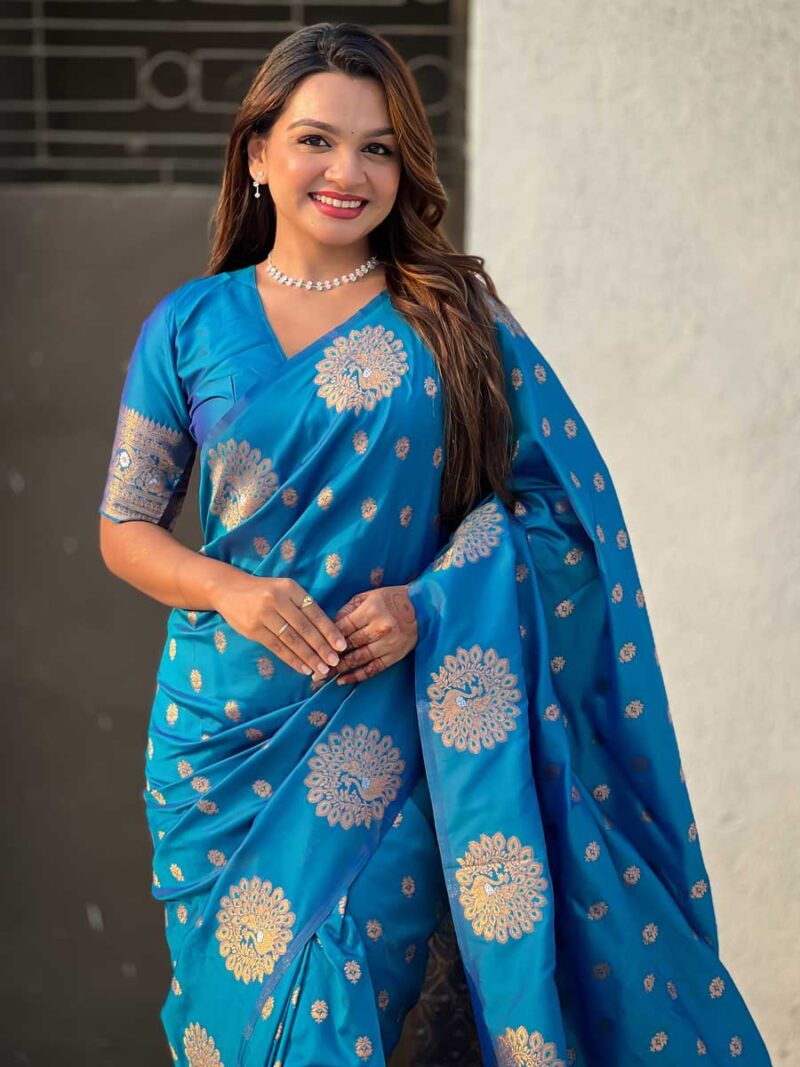 Teal Blue Color Teal Blue Saree - Image 3