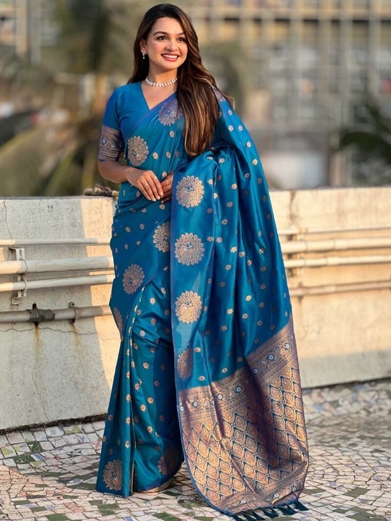 Teal Blue Color Teal Blue Saree - Image 4