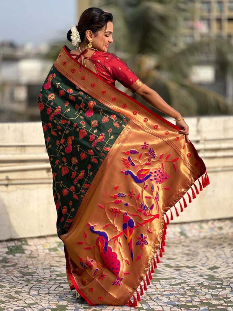 Dark Green Color Red Saree - Image 2