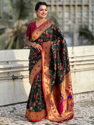 Dark Green Color Red Saree