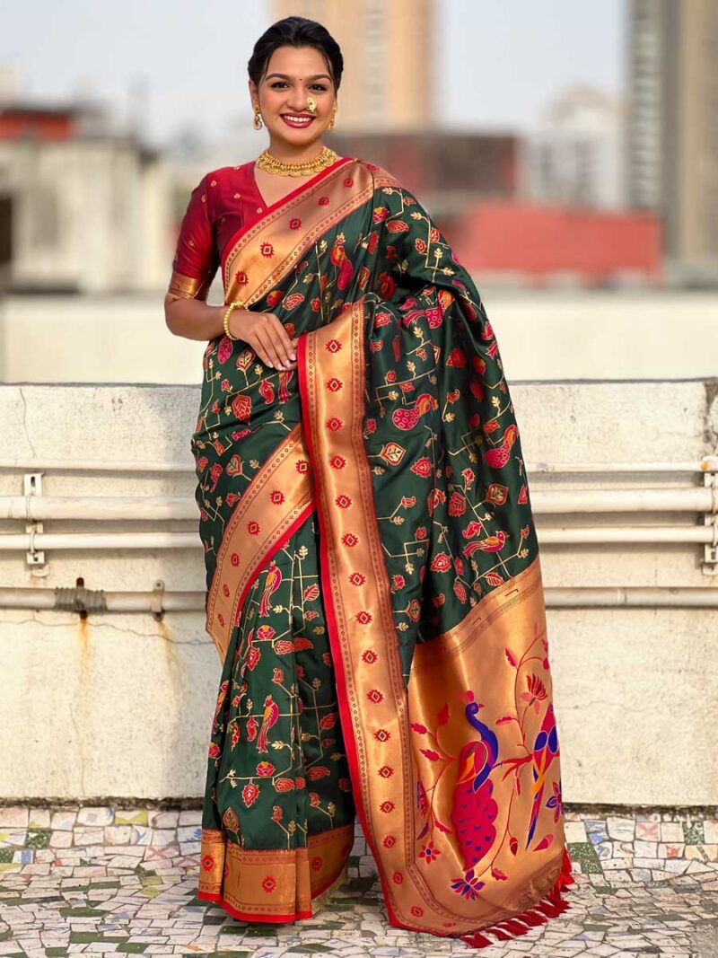 Dark Green Color Red Saree - Image 4