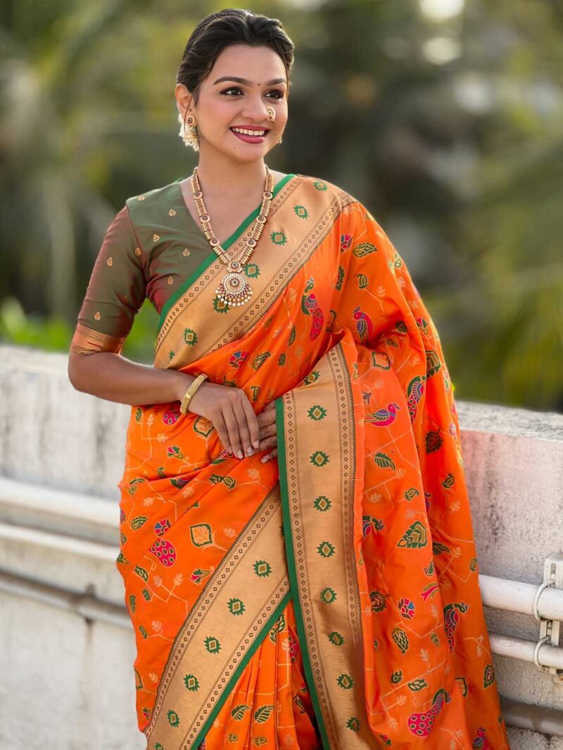 Orange Color Green Saree - Image 3