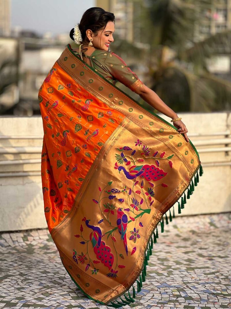 Orange Color Green Saree - Image 2