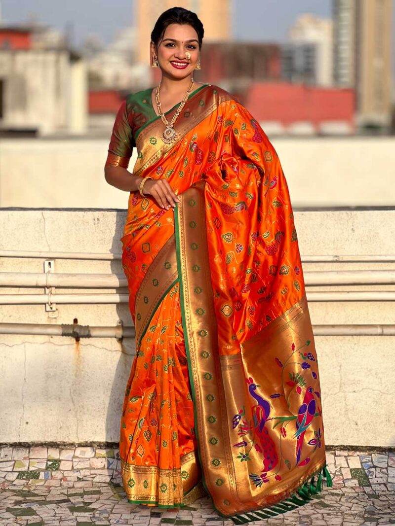 Orange Color Green Saree - Image 4