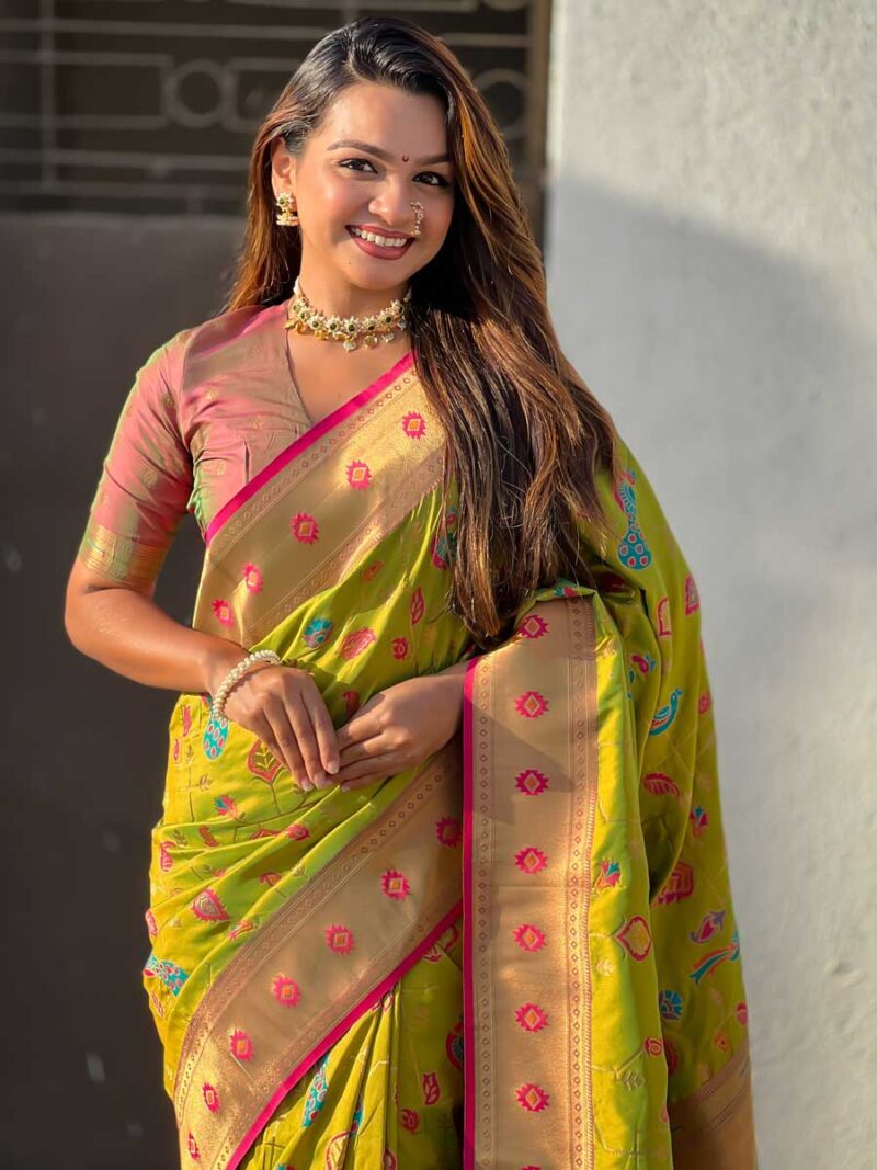 Olive Color Pink Saree - Image 3