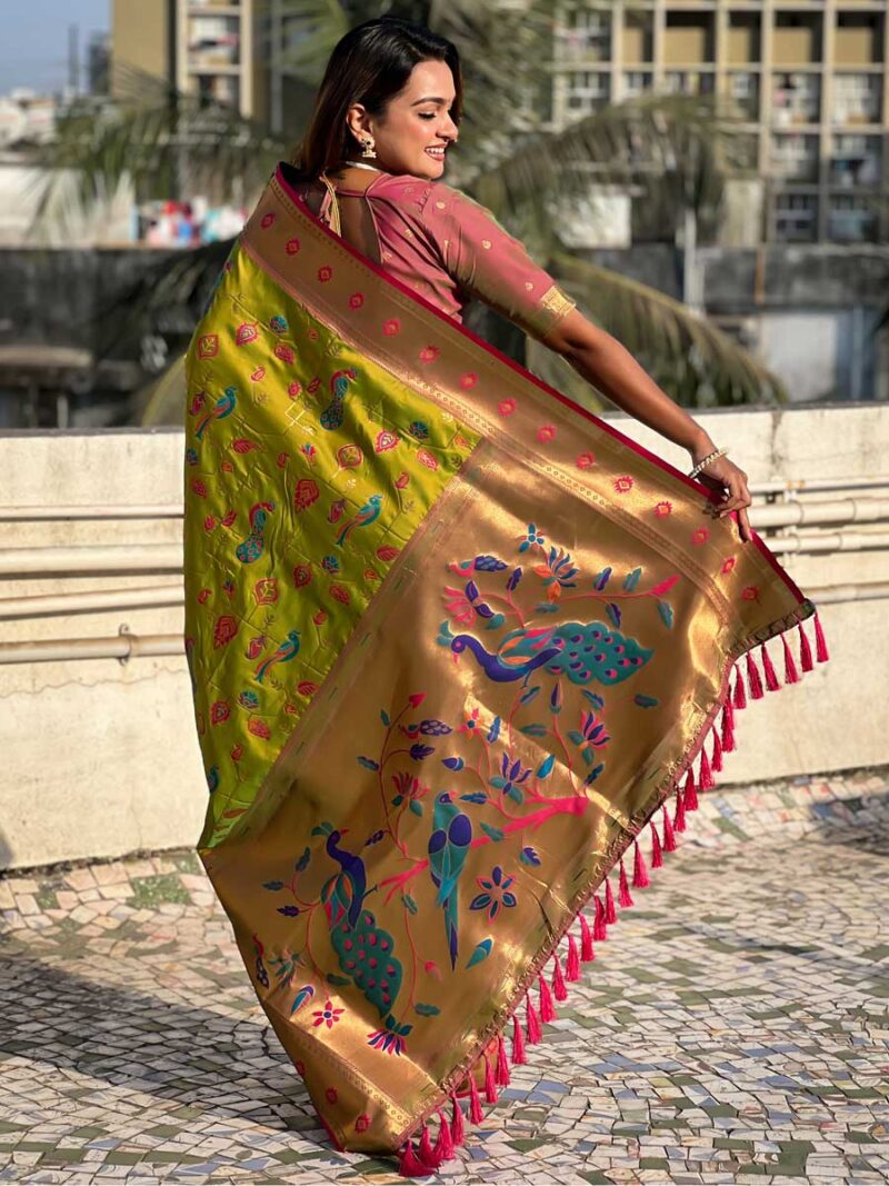 Olive Color Pink Saree - Image 2