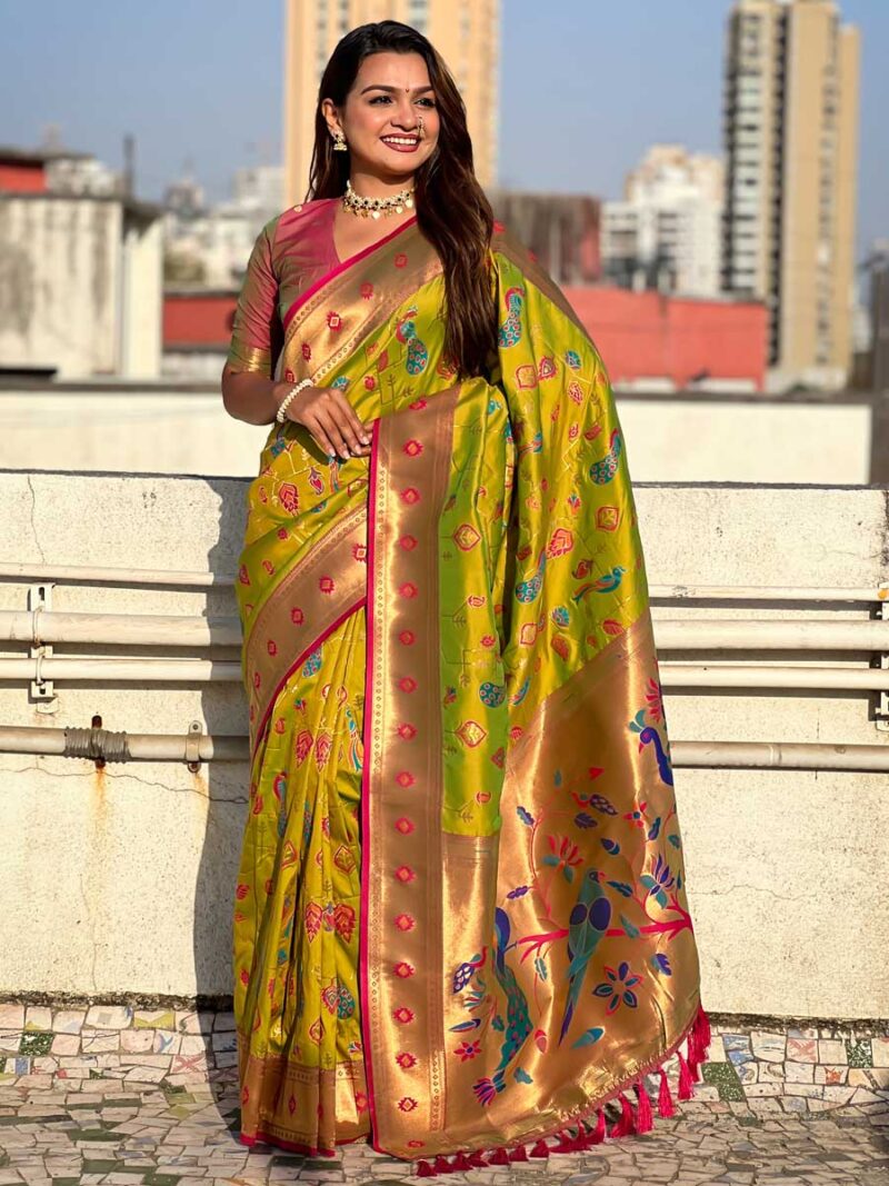 Olive Color Pink Saree - Image 4