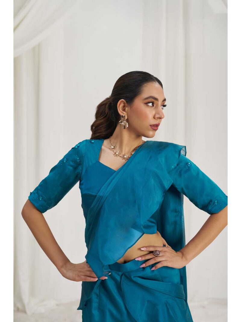 Teal Blue Color Teal Blue Saree - Image 3