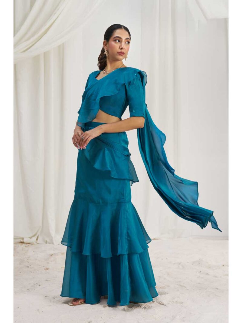 Teal Blue Color Teal Blue Saree - Image 4