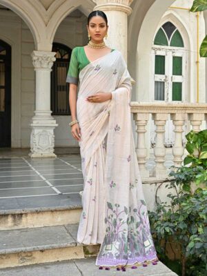 Off White Color Green Saree