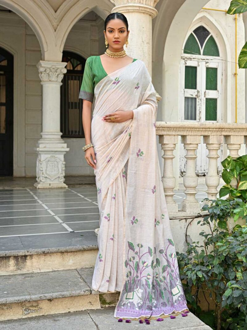 Off White Color Green Saree