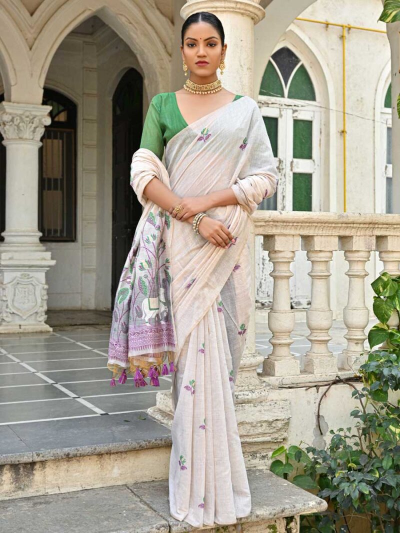 Off White Color Green Saree - Image 3