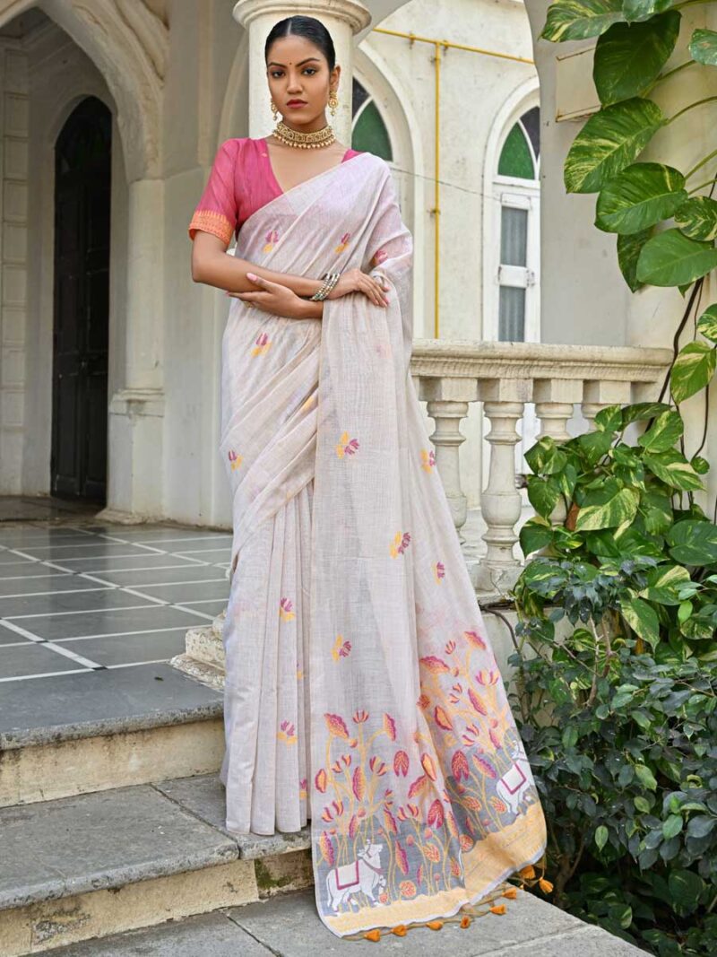 Off White Color Pink Saree