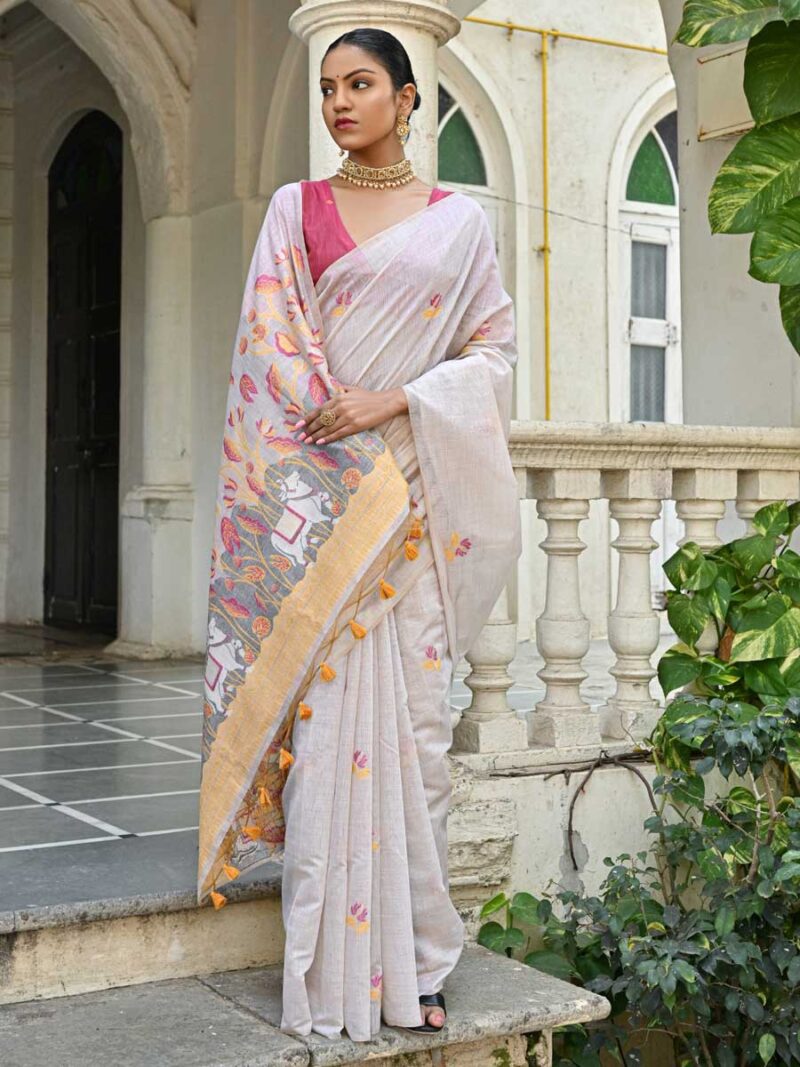 Off White Color Pink Saree - Image 3
