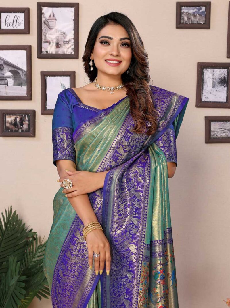 Sea Green Color Blue Saree - Image 3