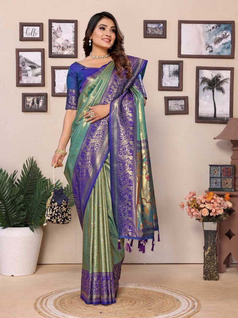 Sea Green Color Blue Saree - Image 4