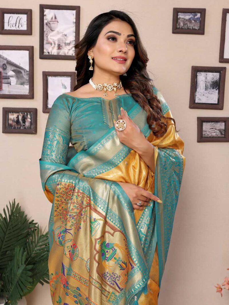 Yellow Color Sea Green Saree - Image 3