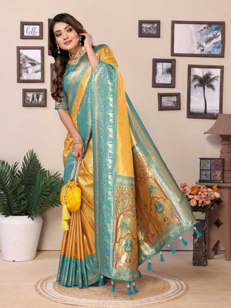 Yellow Color Sea Green Saree - Image 4