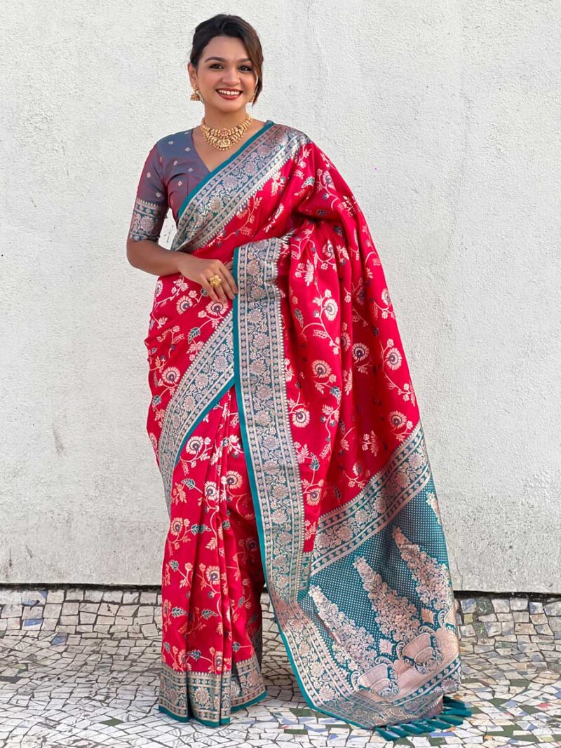 Red Color Teal Saree - Image 4