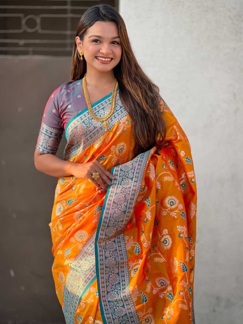 Orange Color Grey Saree - Image 3