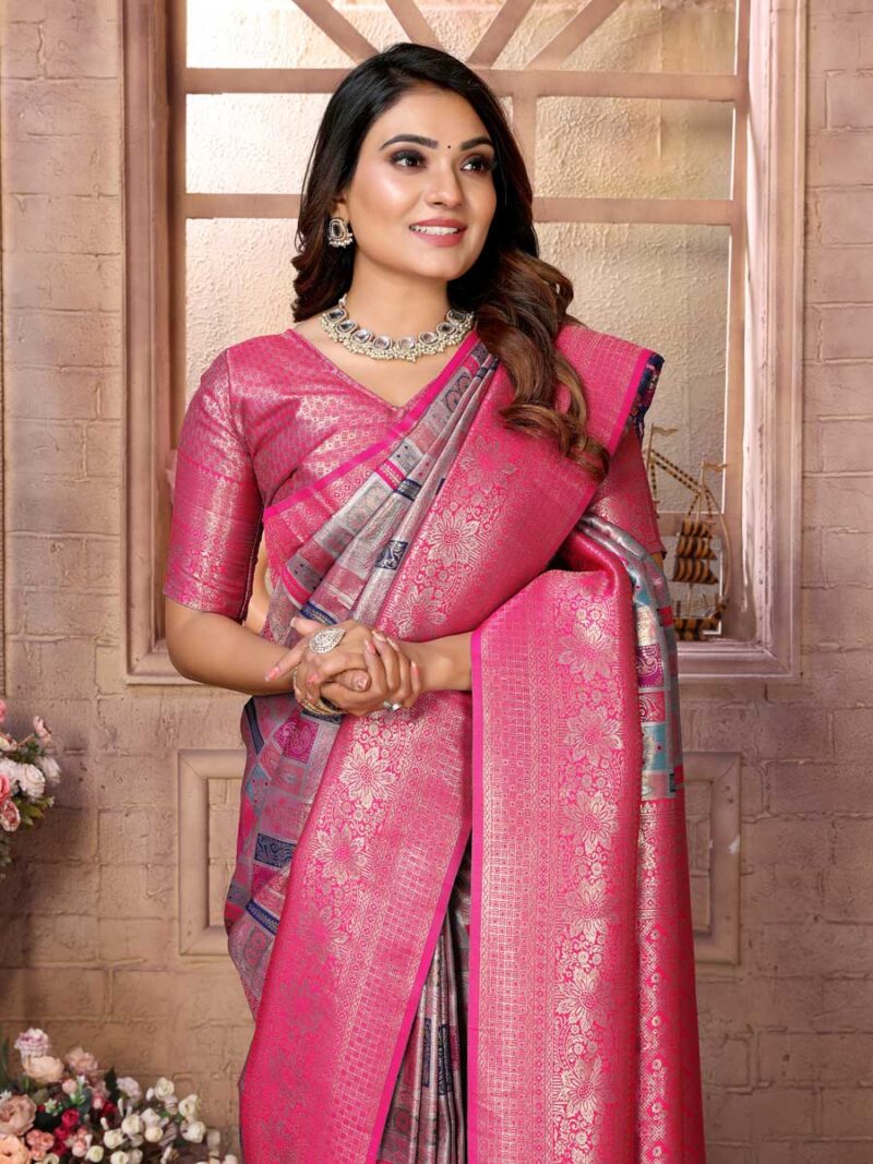 Grey Color Pink Saree - Image 3