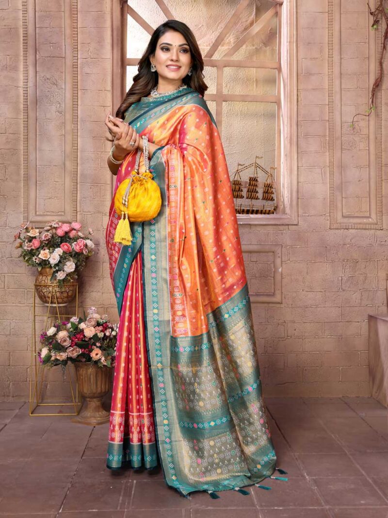 Orange Color Green Saree - Image 4