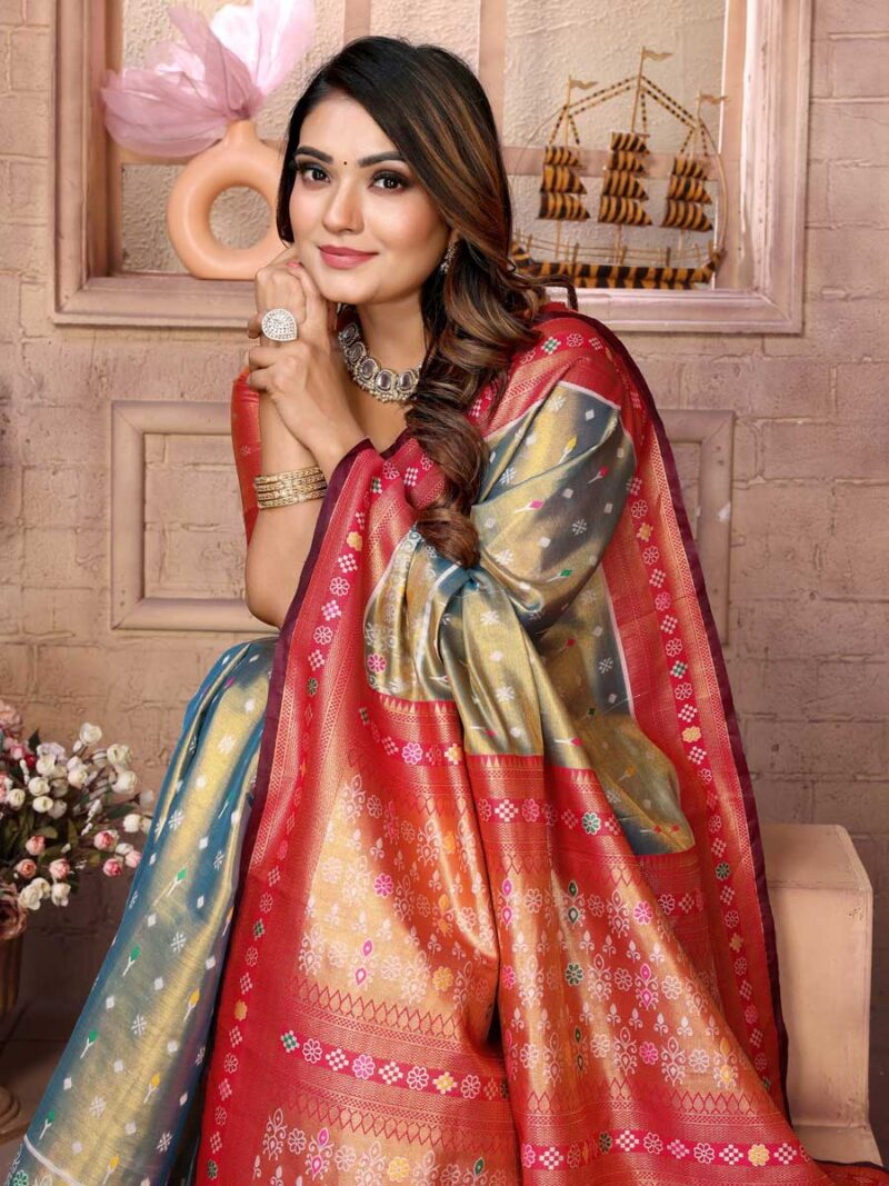 Grey Color Red Saree - Image 3
