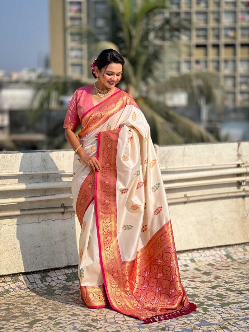 Cream Color Pink Saree - Image 4