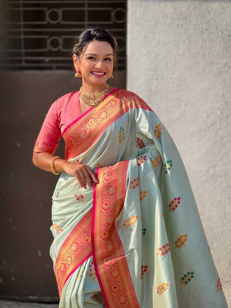 Sea Green Color Pink Saree - Image 3