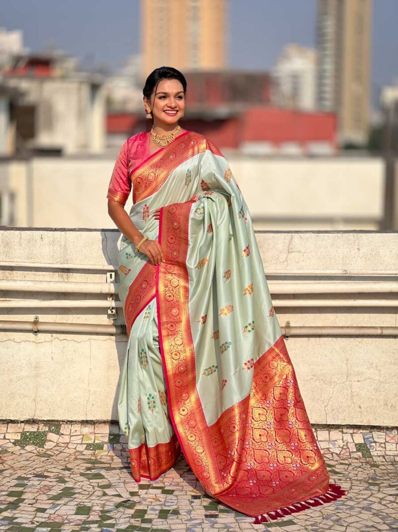 Sea Green Color Pink Saree - Image 4