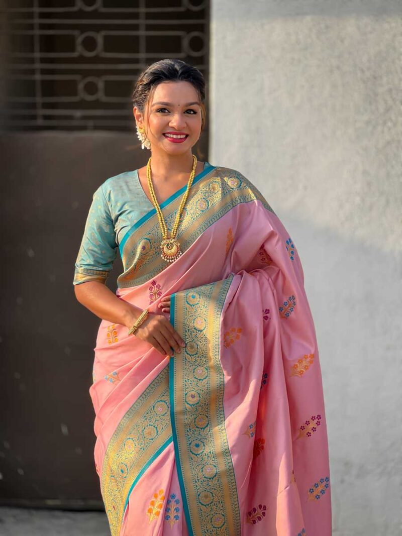 Pink Color Blue Saree - Image 3